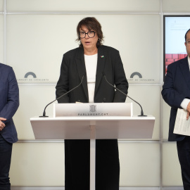 L'eurodiputada d'ERC Diana Riba i els diputats al Parlament Josep Maria Jové i Joan Ignasi Elena, en roda de premsa aquest dimecres