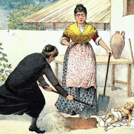 Ilustración del cura Galindo enterrando a la bebé en presencia de Paula o de su madre.