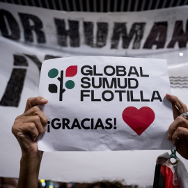 Decenas de personas esperan la llegada de los 21 ciudadanos españoles integrantes de la Sumud Global Flotilla al Aeropuerto Adolfo Suárez Madrid-Barajas, a 5 de octubre de 2025, en Madrid (España). Se trata del primer grupo de 21 ciudadanos de los 49 españoles detenidos por el Gobierno de Israel que han aceptado voluntariamente regresar tras firmar el documento que reconoce la entrada ilegal en el país.A. Pérez Meca / Europa Press05/10/2025