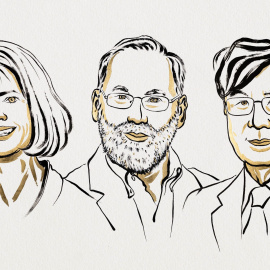 Mary E. Brunkow (izq.), Fred Ramsdell y Shimon Sakaguchi (dcha).