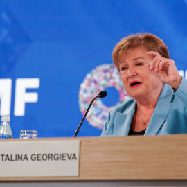 La directora gerente del Fondo Monetario Internacional (FMI), Kristalina Georgieva, en una comparecencia ante los medios durante la Asamblea Anual del organismo, en Washington DC.
