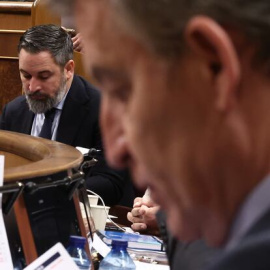 El presidente del PP, Alberto Núñez Feijóo, en primer plano, y el líder de Vox, Santiago Abascal.