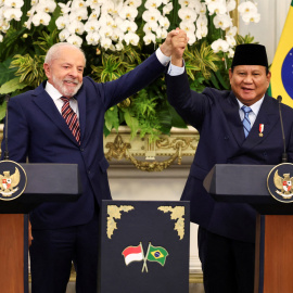 El presidente de Brasil, Luiz Inácio Lula da Silva, se toma de la mano del presidente de Indonesia, Prabowo Subianto, durante una conferencia de prensa conjunta tras su reunión en el Palacio Merdeka en Yakarta, Indonesia, el 23 de octubre de 2025. REUTERS/Willy Kurniawan IMÁGENES TPX DEL DÍA