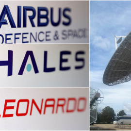 Los logos de las empresas aeroespaciales europeas Airbusm Thales y Leonardo, junto a las antenas de un centro de control de satélites en la localidad italiana de L'Aquila.