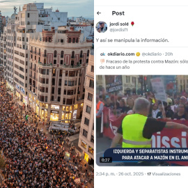 A la izquierda, la manifestación en València y, a la derecha, un tweet en respuesta a OKDiario.