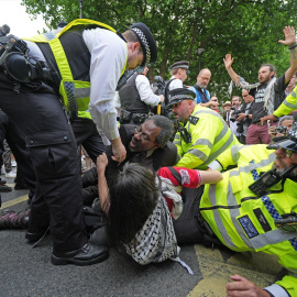 Agentes de policía retiran a manifestantes de Acción Palestina en Londres.