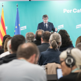 El presidente de Junts, Carles Puigdemont, durante una rueda de prensa en Perpiñán.