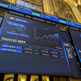 Un panel muestra los 16.000 puntos alcanzados este lunes por el Ibex.