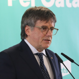 Carles Puigdemont en la seva compareixença d'aquest dilluns a Perpinyà per desgranar les raons de la ruptura de Junts amb el PSOE.