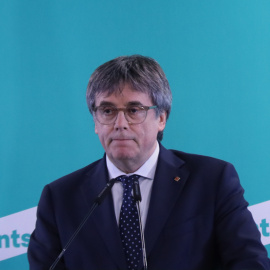 El president de Junts, Carles Puigdemont, aquest dilluns en roda de premsa a Perpinyà.