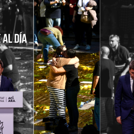 El president de la Generalitat, Carlos Mazón, y víctimas de la DANA abrazándose.