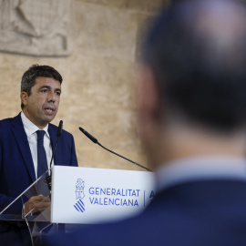 El president de la Generalitat, Carlos Mazón, durante su comparecencia en la que ha anunciado que dimitirá al frente del Gobierno valenciano, pero seguirá como diputado en Les Corts Valencianes y no convocará elecciones autonómicas anticipadas.
