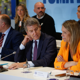 El secretario general del PP, Miguel Tellado; el presidente del Partido Popular, Alberto Núñez Feijóo, y la vicesecretaria de Coordinación Sectorial del PP, Alma Ezcurra, durante el Comité Ejecutivo Nacional del partido, en la sede nacional del PP, a 3 de noviembre de 2025, en Madrid (España).