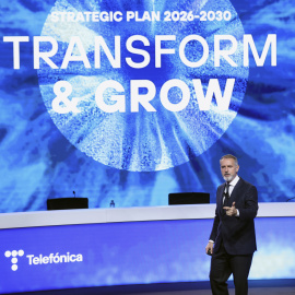 El presidente de Telefónica, Marc Murtra, durante la presentación del nuevo plan estratégico de la operadora, en Madrid.