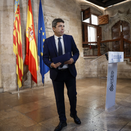 Carlos Mazón, durante la comparecencia en la anunció su dimisión.