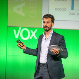 El diputado de Vox Carlos H. Quero, durante la presentación del programa económico y de vivienda del partido ultra, en Madrid.