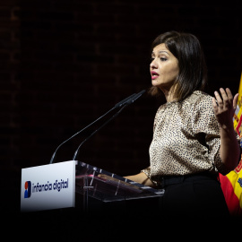 La ministra de Juventud e Infancia, Sira Rego, interviene en la presentación del estudio 'Infancia digital 2025', en Green Patio, a 11 de noviembre de 2025, en Madrid (España).