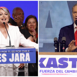 Combo de imágenes de la comunista Jannette Jara y el utlraderechista José Antonio Kast celebrando su paso a la segunda vuelta de las elecciones presidenciales en Chile.