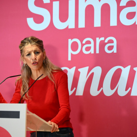 Yolanda Díaz durante una conferencia en Madrid del Movimiento Sumar.
