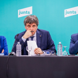 Miriam Nogueras, Carles Puigdemont y Jordi Turull en la reunión de la dirección de Junts en Perpiñán.