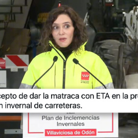 Isabel Díaz Ayuso hablando de ETA durante la presentación del Plan Especial de Vialidad y Protección Civil ante Inclemencias Invernales.