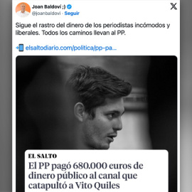 Tuit de Joan Baldoví sobre Vito Quiles y el PP.