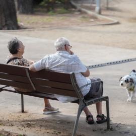 Fotografía de archivo de dos personas y un perro en Barcelona.