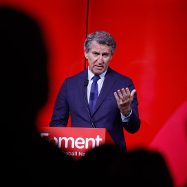 El presidente del PP, Alberto Núñez Feijóo, durante su intervención en un acto de la patronal catalana.