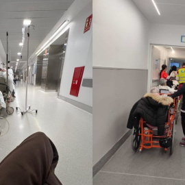 Imagen de pacientes en pasillos en dos hospitales de A Coruña y Madrid, respectivamente.