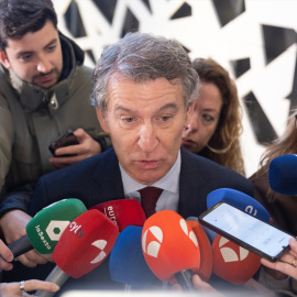 El presidente del PP, Alberto Núñez Feijóo, durante un desayuno informativo este martes en Madrid.
