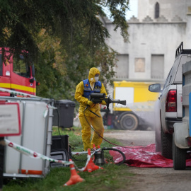 Un miembro de la UME desinfecta vehículos, durante el control de la peste porcina.