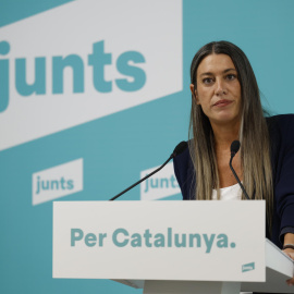 La portavoz de JxCat en el Congreso, Míriam Nogueras, durante la rueda de prensa que ha ofrecido este miércoles en Barcelona