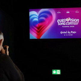 Imagen de una pantalla de televisión en el Wiener Stadthalle, sede de Eurovisión.