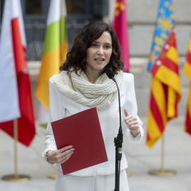La presidenta de la Comunidad de Madrid, Isabel Díaz Ayuso, tras el acto de izado solemne de la Bandera Nacional con motivo del Día de la Constitución, en el Congreso