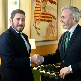 Imagen de este martes de la reunión entre PP y Vox en Aragón en busca de un acuerdo para aprobar presupuestos autonómicos y evitar un adelanto electoral.