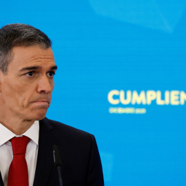 El presidente del Gobierno, Pedro Sánchez, en la rueda de prensa del balance del año, en el Palacio de la Moncloa.