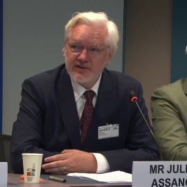 El activista Julian Assange durante un acto celebrado en Estrasburgo.