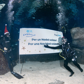 Àngel Llàcer i el Petit Príncep, en el tradicional Bany Solidari de l'Aquàrium de Barcelona