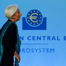 La presidenta del BCE, Christine Lagarde, a su llegada a la rueda de prensa tras la reunión del Consejo de Gobierno de la entidad, en su sede en Fráncfort.