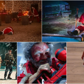 De izq. a der. imágenes de las películas 'Noche de paz, noche de muerte', Christmas, Bloody Christmas', 'Rare Exports Un cuento gamberro de Navidad', 'Game over se acabó el juego', y 'Bad Santa'.