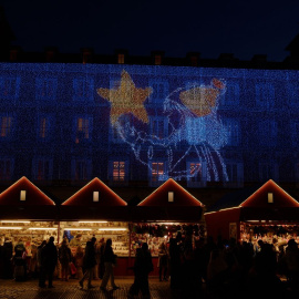 Espectáculo luminoso en la Plaza Mayor de Madrid.