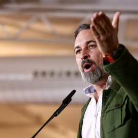 El líder de Vox, Santiago Abascal, durante un mitin en Mérida (Extremadura).