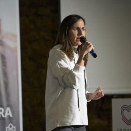 La secretaria general de Podemos, Ione Belarra, en un acto en la campaña de las elecciones en Extremadura.