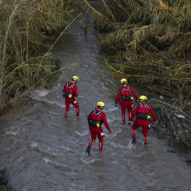Efectivos del cuerpo de bomberos durante las labores de búsqueda de los dos hombres desaparecidos después de el río les arrastrara.