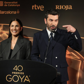 Toni Acosta y Arturo Valls durante la lectura de los nominados y nominadas a la 40 edición de los Premios Goya.