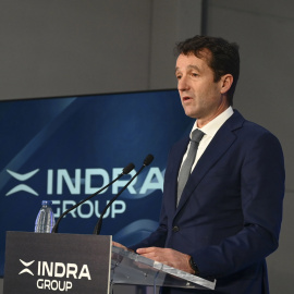 El presidente de Indra, Ángel Escribano, en la presentación del proyecto de fábrica de vehículos aéreos no tripulados (UAVs), en León.