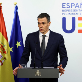 El presidente del Gobierno, Pedro Sánchez, en su comparecencia ante los medios tras la cumbre extraordinaria de la UE en Bruselas sobre Groenlandia.