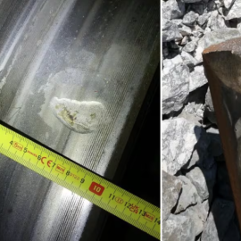 Señales y muescas en las ruedas del tren de Iryo, junto al punto en el que podría haber ocurrido el choque con la vía.