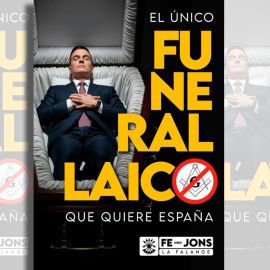 Cartel de Falange Española de las JONS en el que aparece Pedro Sánchez en un ataúd.
