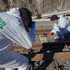 Expertos de la Guardia Civil analizan las vías tras el accidente ferroviario registrado  en Adamuz (Córdoba).